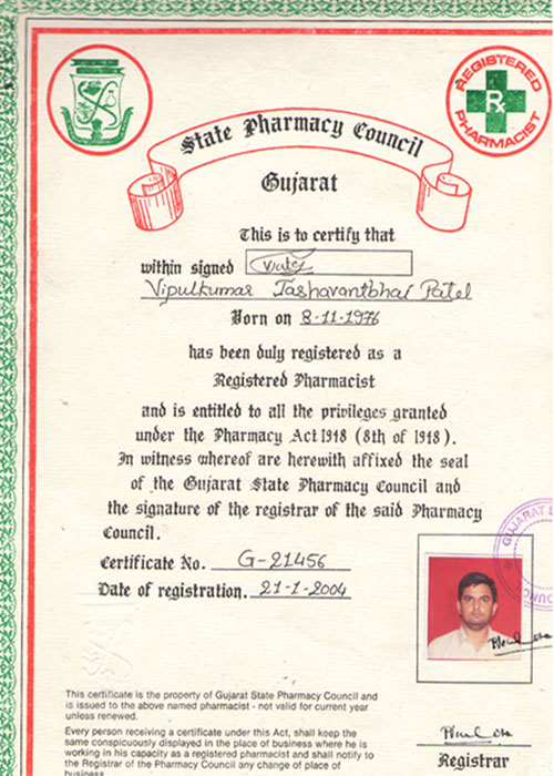 Pharmacy Council Gujarat Certi Vipul Patel